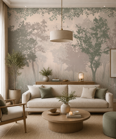 LIVING - Fototapet living premium Milton Atelier Misty Woodland peisaj padure in ceata de lux bej