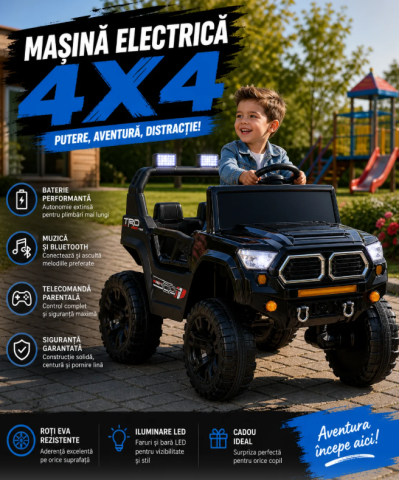 Masina electrica copii Jeep 4x4, cu telecomanda, Bluetooth si muzica, lumina, dimensiuni 85×61×54 cm, Negru [1]