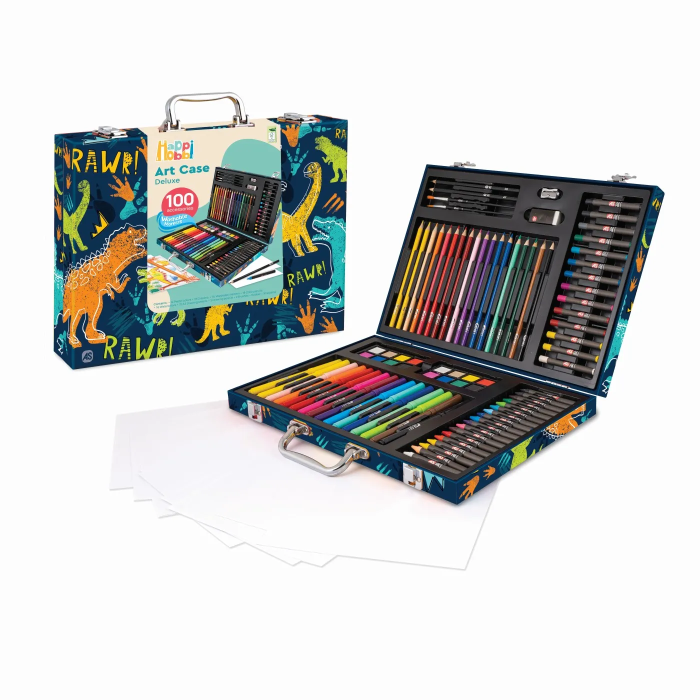 Set Pentru Desen Deluxe cu 100 De Accesorii Dinozaur Happi Hobbi Art Case [4]