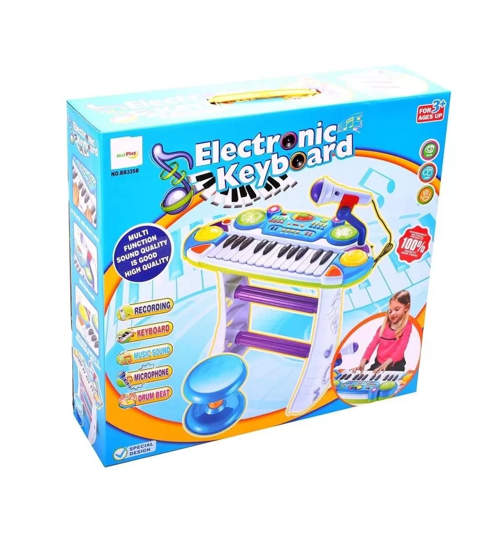 Instrument Muzical Pianina Electronica MalPlay cu Scaun si Microfon 45cm Inaltime Albastru [1]