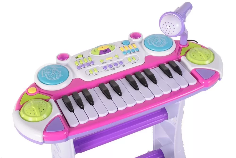 Instrument Muzical Pianina Electronica MalPlay cu Scaun si Microfon 45cm Inaltime Roz [2]