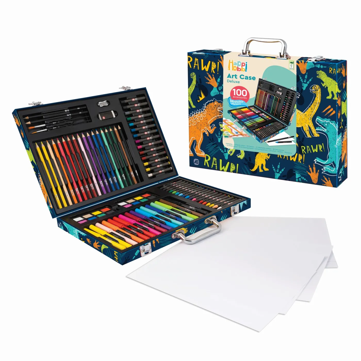 Set Pentru Desen Deluxe cu 100 De Accesorii Dinozaur Happi Hobbi Art Case [4]