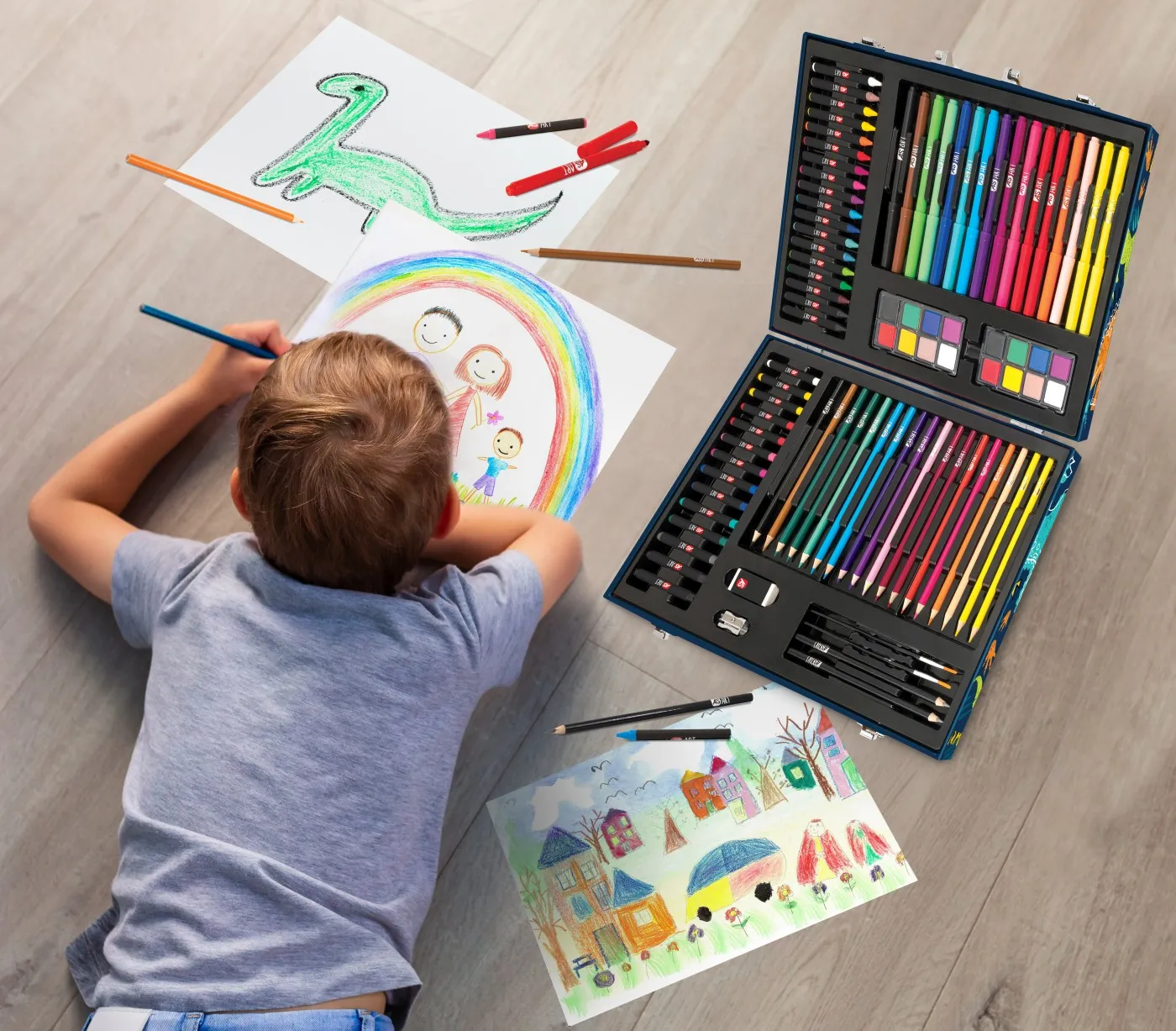 Set Pentru Desen Deluxe cu 100 De Accesorii Dinozaur Happi Hobbi Art Case [2]