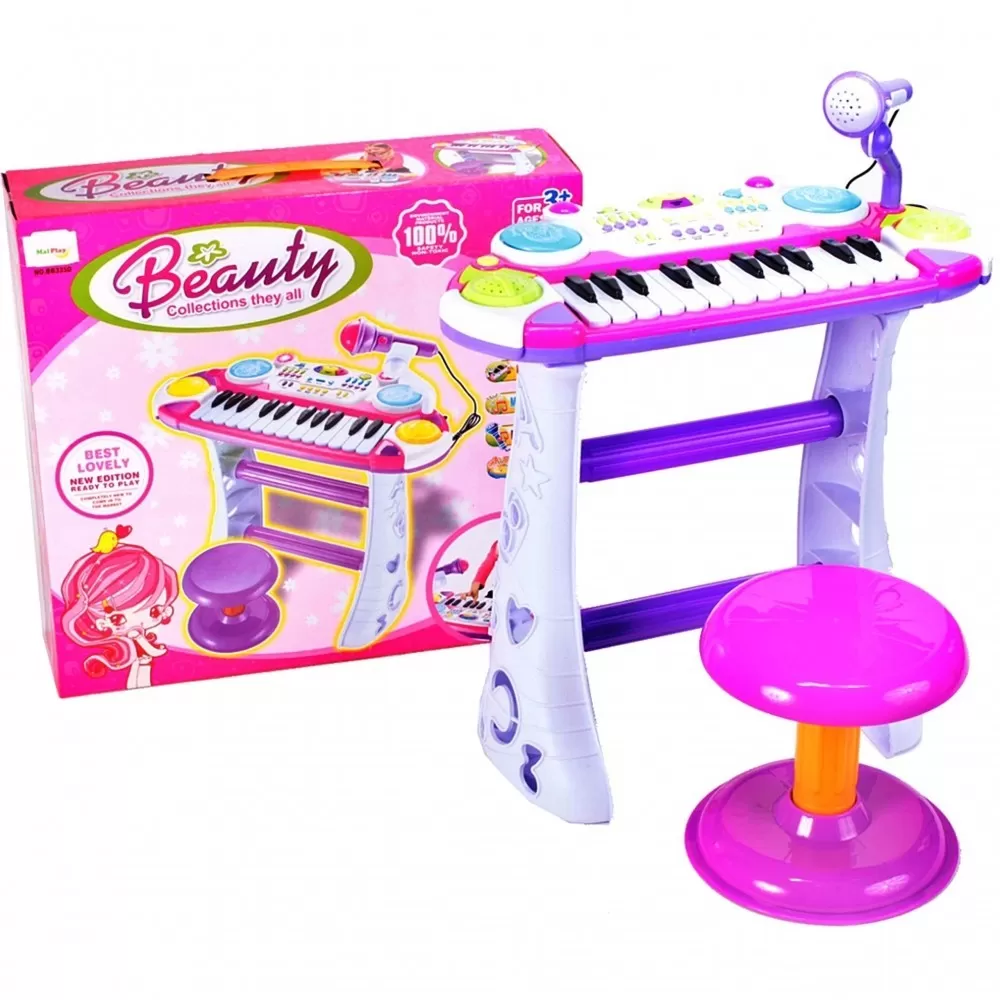 Instrument Muzical Pianina Electronica MalPlay cu Scaun si Microfon 45cm Inaltime Roz [3]