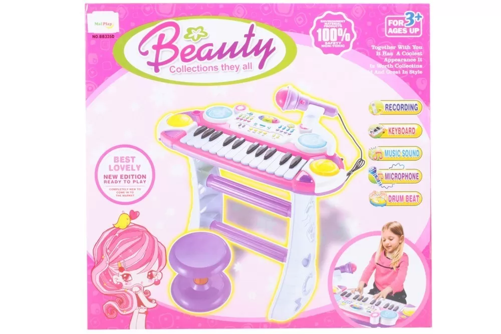 Jucarii Muzicale - Instrument Muzical Pianina Electronica MalPlay cu Scaun si Microfon 45cm Inaltime Roz