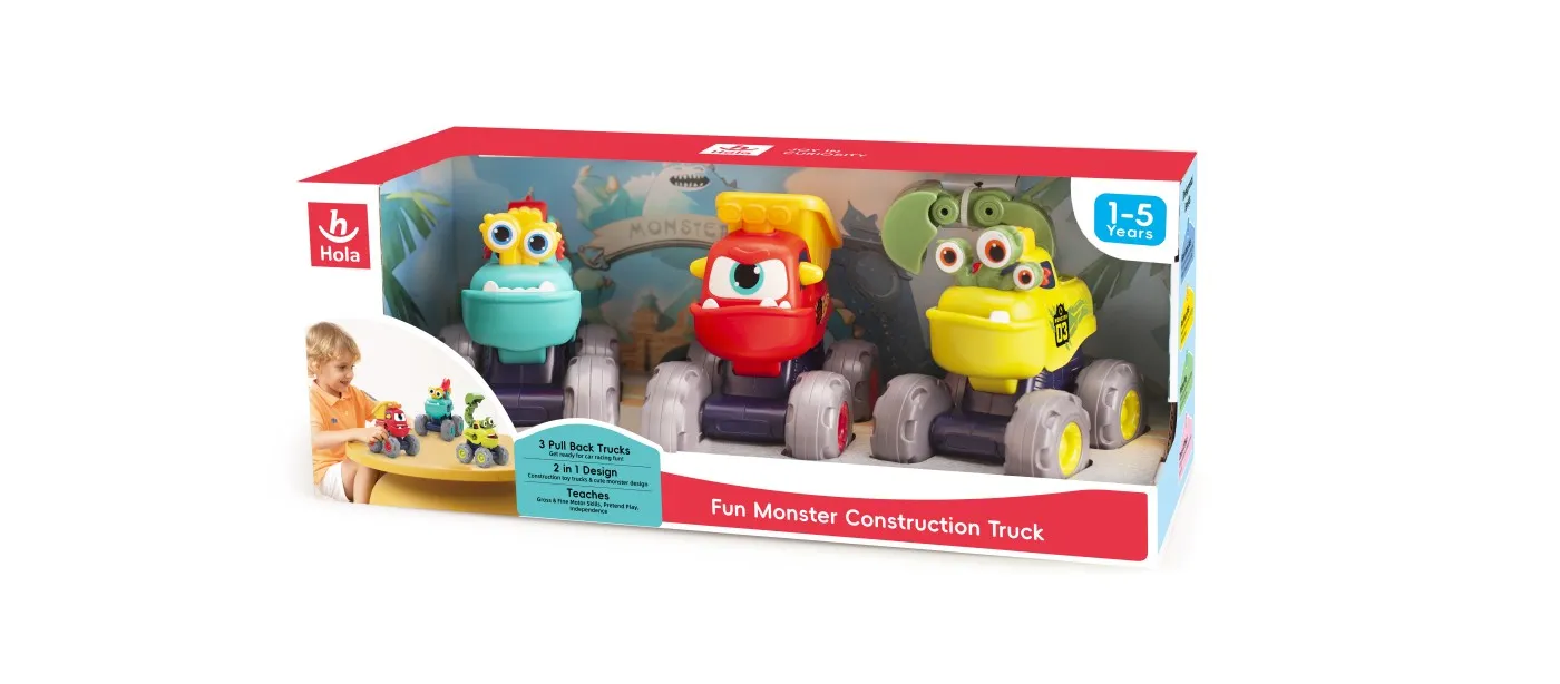 Jucarii pentru bebelusi - Set 3 Masinute De Constructie Monstruletii Amuzanti Cu Frictiune Hola