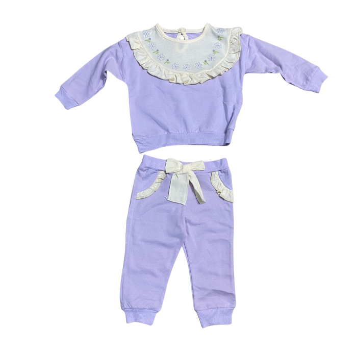 Set Bluziță cu Guler Volănaș Brodat & Pantaloni cu Fundiță – Stil Delicat pentru Micuțe [1]