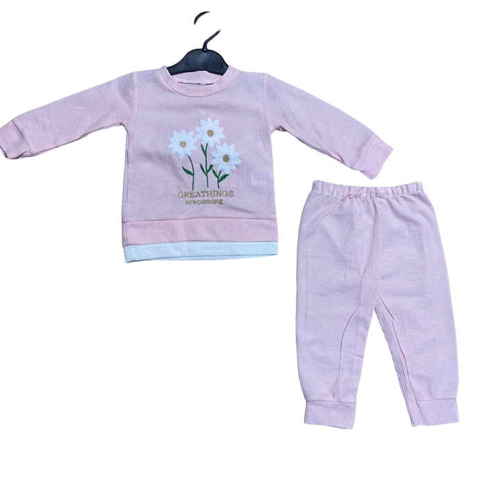 Set fetiță din două piese roz cu flori brodate – bluziță și pantaloni [1]