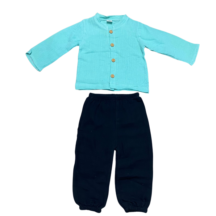 Set copii din bumbac dublu – cămașă turcoaz cu pantaloni negri [1]