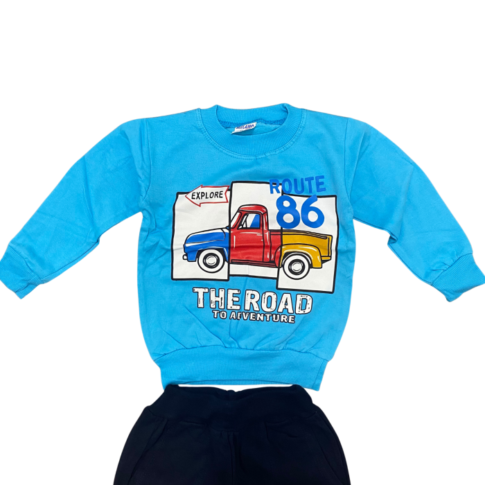 Trening copii albastru „Route 86”  – Bluziță cu imprimeu camion și pantaloni negri, bumbac 100% [2]