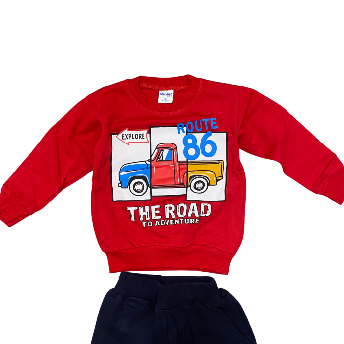 Trening copii roșu „Route 86”  – Bluziță cu imprimeu camion și pantaloni negri, bumbac 100% [2]
