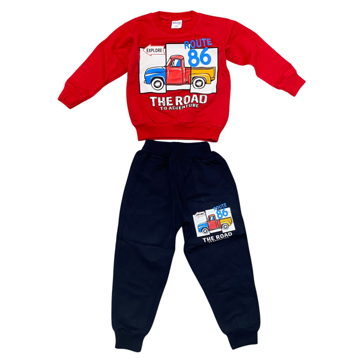Trening copii roșu „Route 86”  – Bluziță cu imprimeu camion și pantaloni negri, bumbac 100% [1]