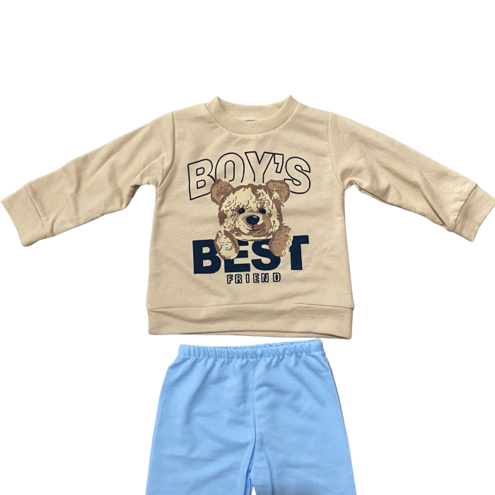 Compleu bebe din bumbac, bluză și pantaloni colorați, imprimeu Best Friend Urs [2]