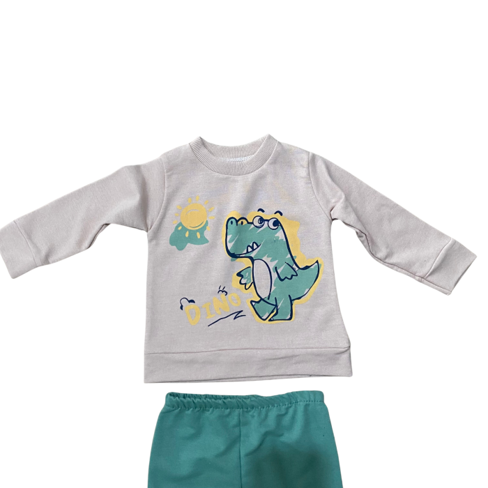 Compleu bebe din bumbac, bluză și pantaloni colorați, imprimeu cu dino [2]