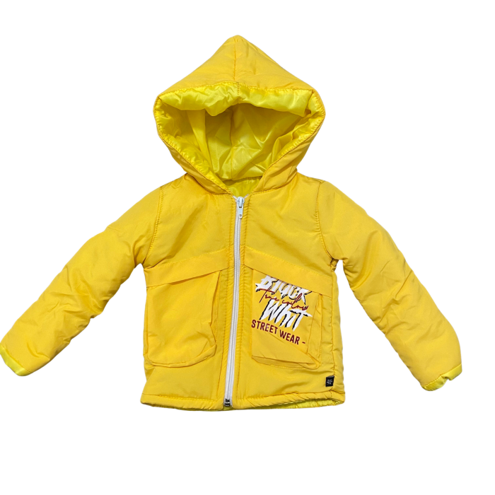 Geacă groasă copii galbenă cu glugă și buzunare frontale „Black Whit Street Wear” [1]