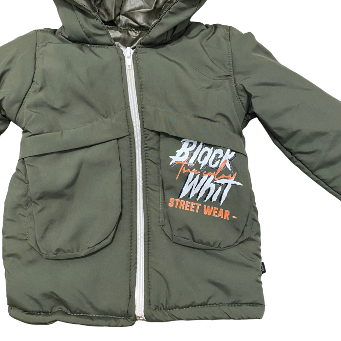 Geacă groasă copii kaki cu glugă și buzunare frontale „Black Whit Street Wear” [2]