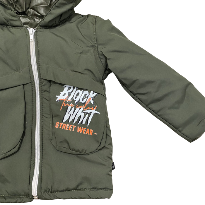 Geacă groasă copii kaki cu glugă și buzunare frontale „Black Whit Street Wear” [3]