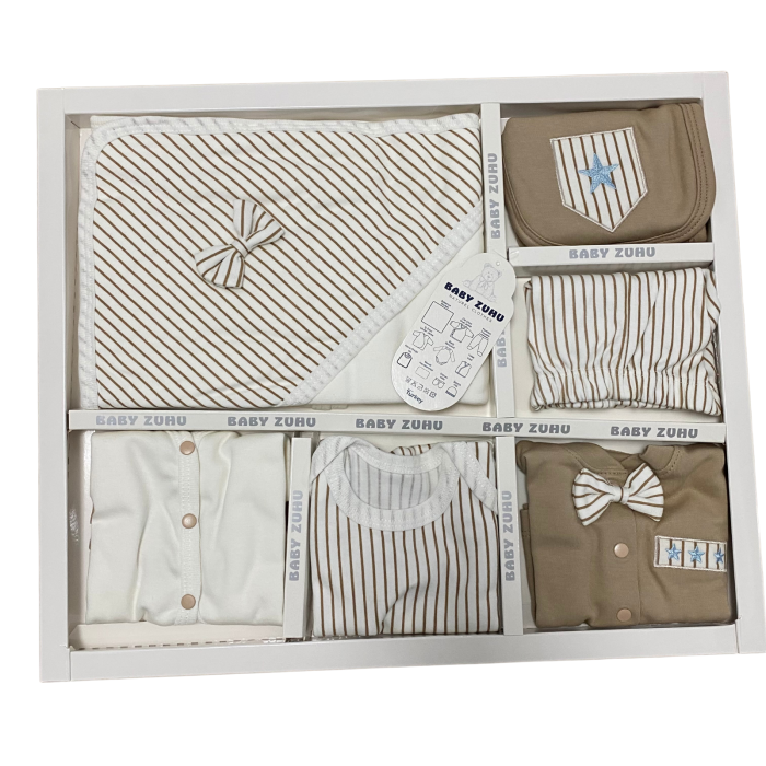 Set complet Baby Zuhu crem cu dungi maro și detalii bleu – 10 piese [1]