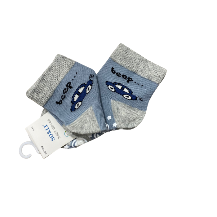 Set 2 perechi șosetuțe bebeluș antiderapante din bumbac – bleu cu mașinuță „Beep”, moi și elastice [2]