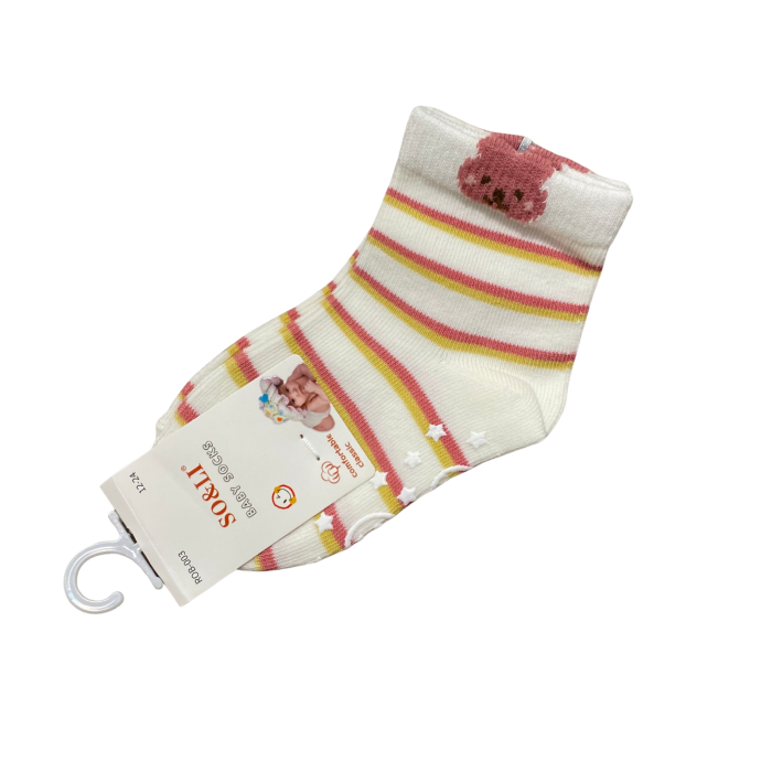 Set 2 perechi șosetuțe bebeluș antiderapante din bumbac – dungi galben-roz cu ursuleț, moi și elastice [1]