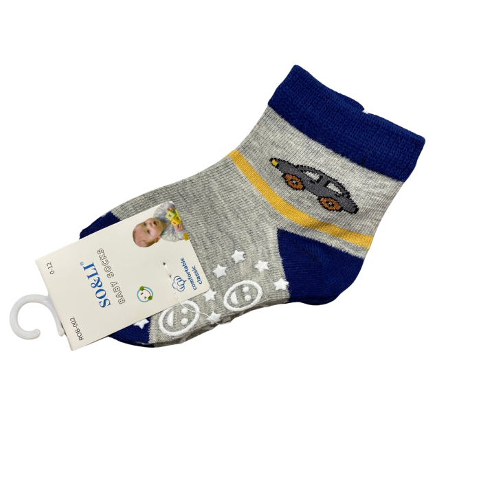 Set 2 perechi șosetuțe bebeluș antiderapante din bumbac – gri cu mașinuță albastră, moi și elastice [1]