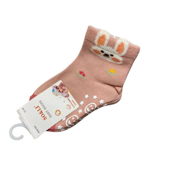 Set 2 perechi șosetuțe bebeluș antiderapante din bumbac – model iepuraș roz, moi și confortabile [1]