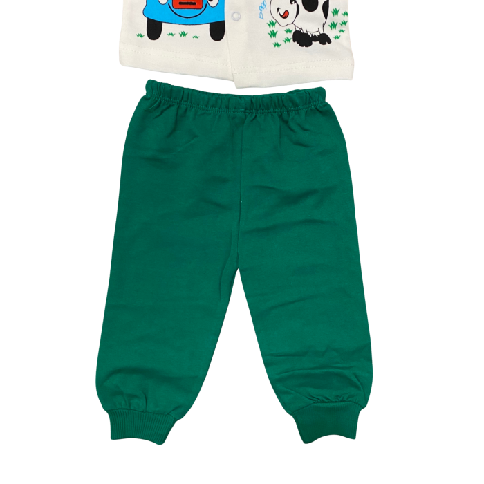 Set 2 piese copii „Take Me Out” – Bluziță albă cu girafă și vacuță  + pantaloni verzi [3]