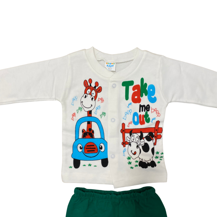 Set 2 piese copii „Take Me Out” – Bluziță albă cu girafă și vacuță  + pantaloni verzi [2]