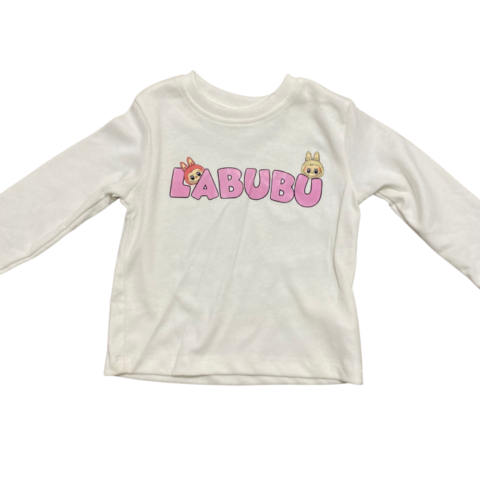 Set 2 piese fetițe „Labubu” – Rochiță salopetă din denim cu imprimeu și bluză albă cu mânecă lungă [6]