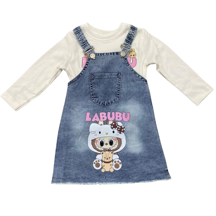 Set 2 piese fetițe „Labubu” – Rochiță salopetă din denim cu imprimeu și bluză albă cu mânecă lungă [1]