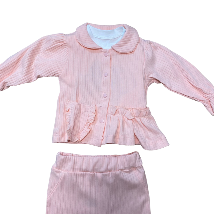 Set roz pal din bumbac cu volănașe și jachetă cu guler rotunjit [2]