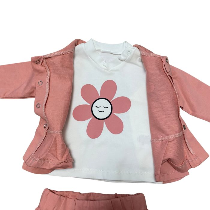 Set roz din bumbac cu imprimeu floare „Smile” și jachetă cu fundițe [4]