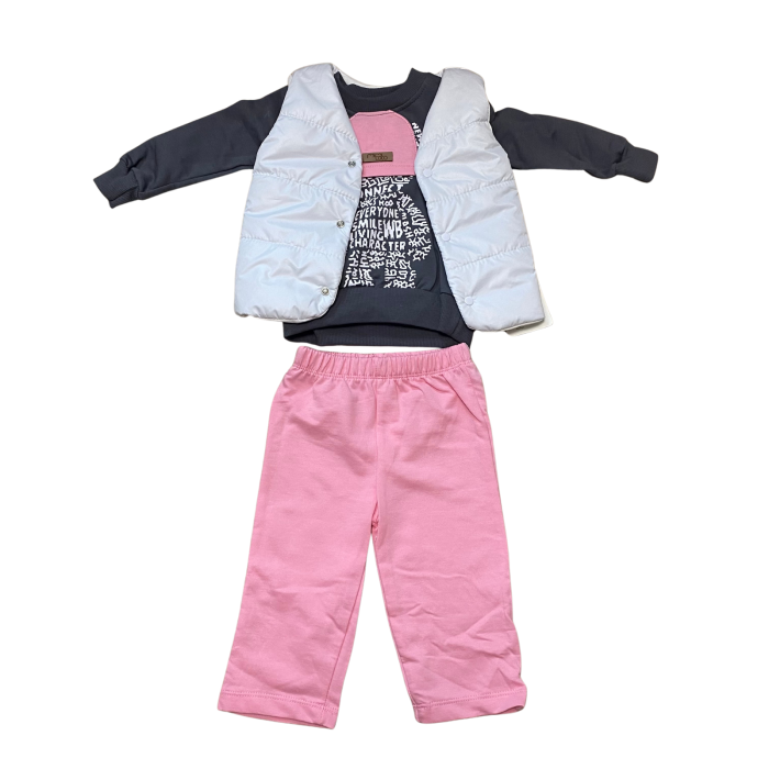 Compleu fetiță 3 piese cu vestă albă, bluză gri și pantaloni roz – model sport casual [2]