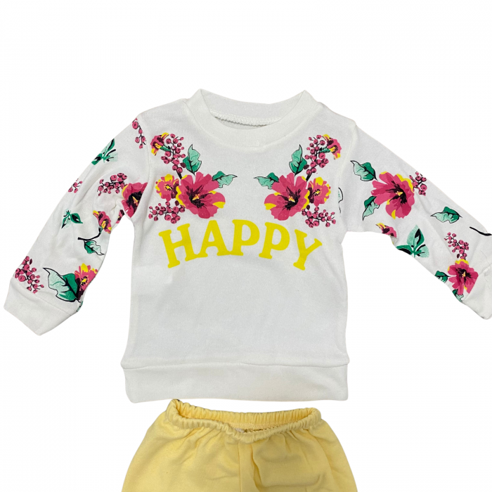 Set bebeluși, 2 piese – bluză albă cu imprimeu floral și mesaj HAPPY + pantaloni galbeni [2]