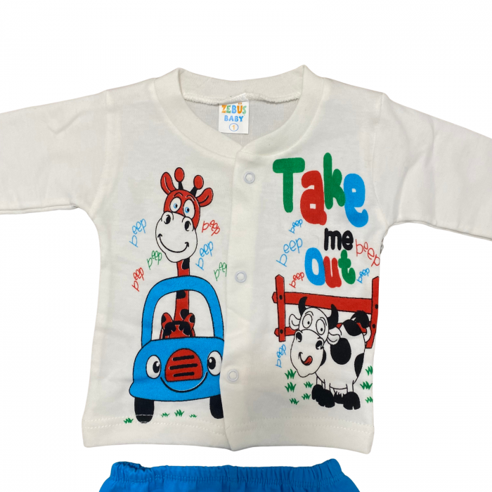 Set bebeluși, 2 piese – bluză albă cu imprimeu girafă și vacuță + pantaloni albaștri [2]