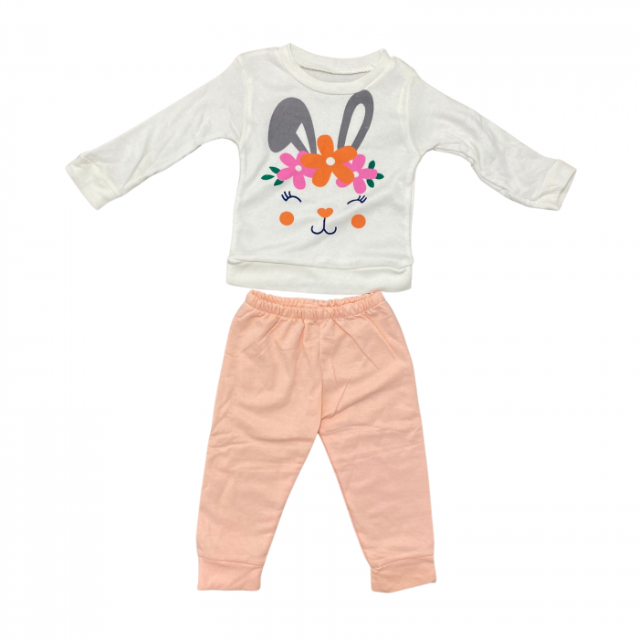 Set bebeluși, 2 piese – bluză albă cu imprimeu iepuraș și pantaloni roz piersică [1]