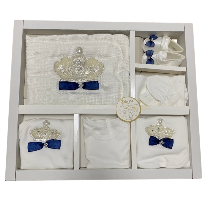Set botez elegant pentru nou-născut cu coroane strălucitoare și fundițe bleumarin – 10 piese [1]