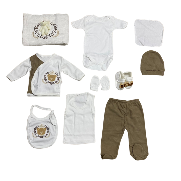 Set complet nou-născut din bumbac 10 piese cu imprimeu ursuleț și accesorii asortate [1]