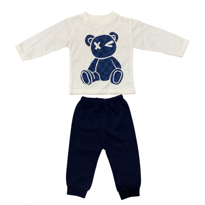 Set copii, 2 piese – bluză albă cu ursuleț albastru grafic și pantaloni bleumarin [1]