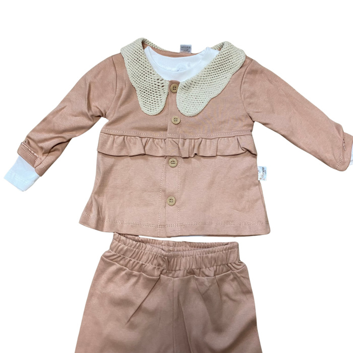 Compleu fetiță bej cu guler croșetat – model elegant cu volănașe și nasturi [1]
