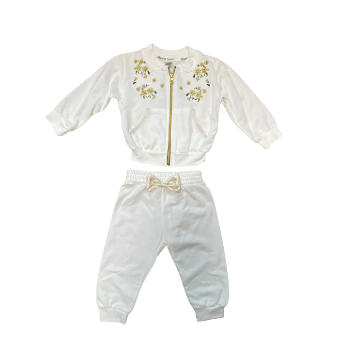 Compleu fetiță alb cu broderie florală și fundiță decorativă – model elegant cu fermoar auriu [1]