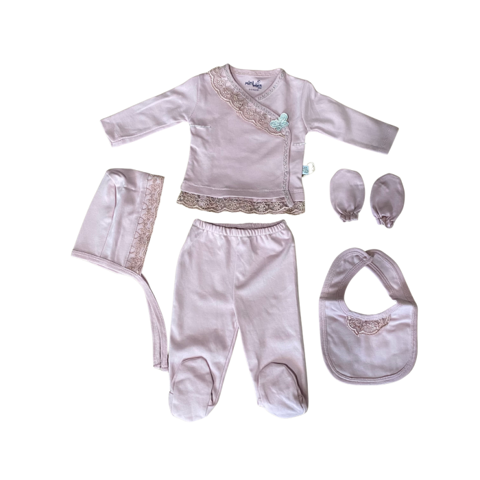Set 5 piese cu dantelă și fluturaș decorativ – bluziță, pantaloni, bavețică, căciuliță și mănuși [1]
