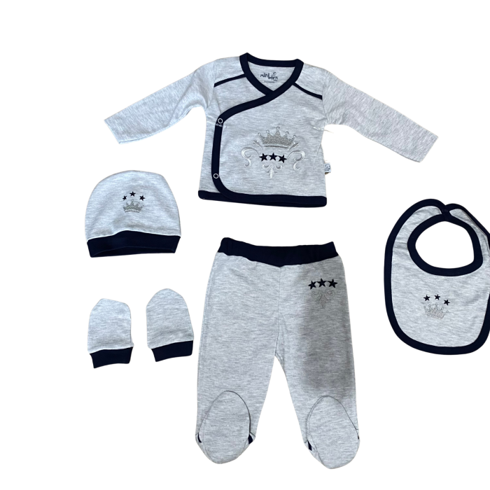 Set 5 piese cu imprimeu coroană – bluziță, pantaloni, bavețică, căciuliță și mănuși [1]