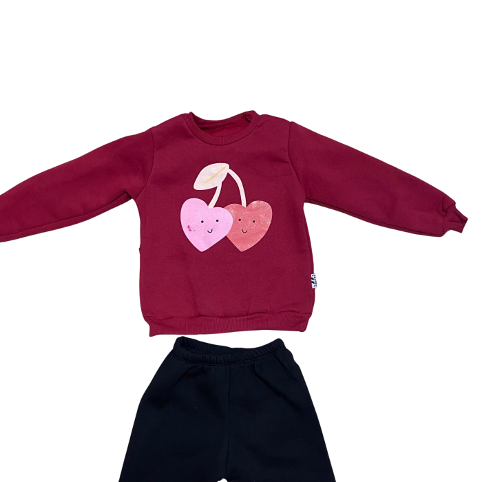 Compleu fetiță vișiniu „Sweet Cherries” – bluză cu imprimeu cireșe și pantaloni negri [2]