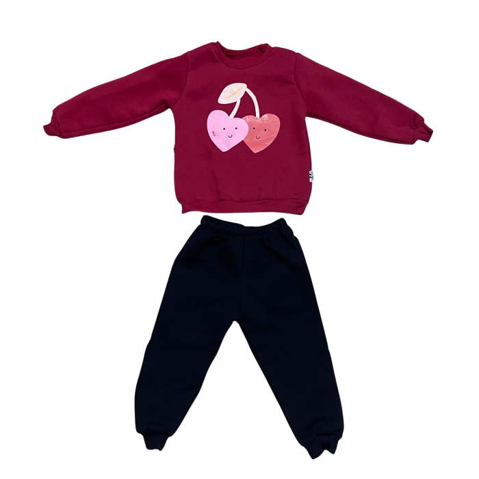 Compleu fetiță vișiniu „Sweet Cherries” – bluză cu imprimeu cireșe și pantaloni negri [1]