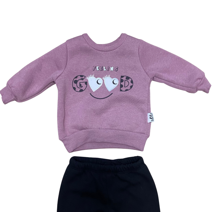 Compleu fetiță mov „FEELING GOOD” – bluză cu imprimeu și pantaloni negri [2]