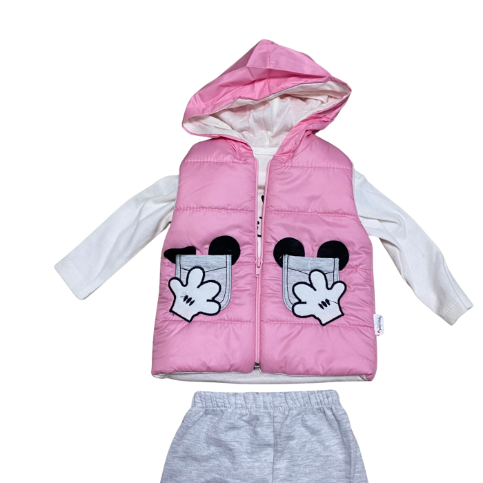 Compleu fetiță roz cu vestă matlasată și pantaloni gri – model 3 piese cu glugă [2]