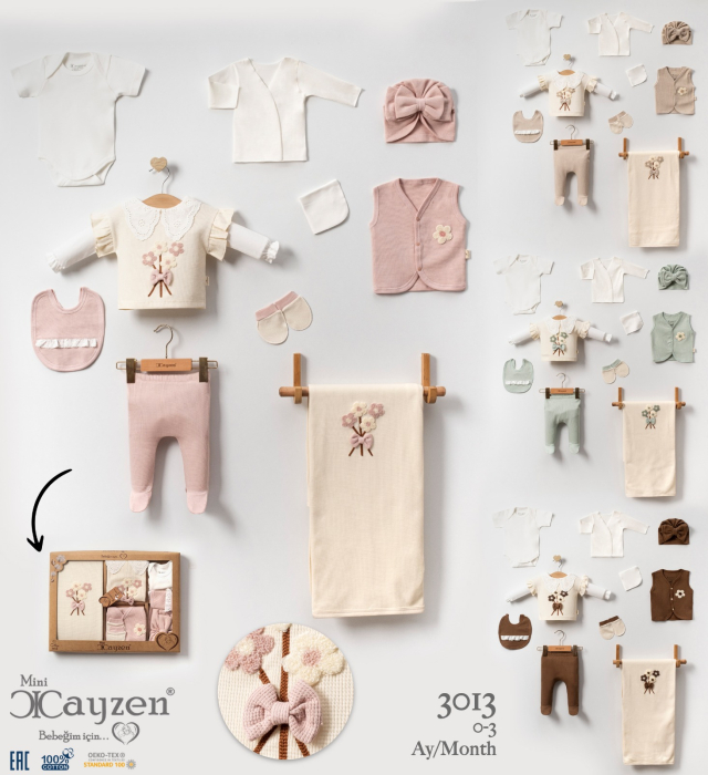Set nou-născut Cayzen Baby cu flori brodate și fundiță – 10 piese [1]