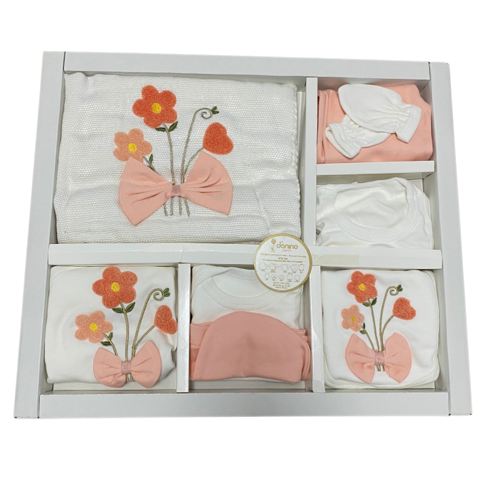 Set nou-născut cu flori brodate și fundiță piersicie – 10 piese din bumbac moale [1]