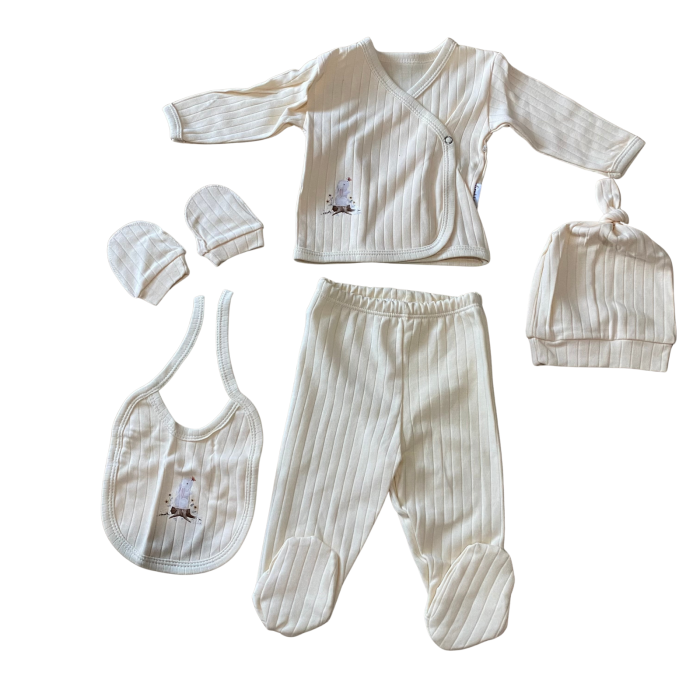 Set 5 piese cu imprimeu urs polar – bluză, pantaloni, bavețică, căciuliță și mănuși [1]